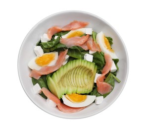 Photo of Delicious salad with boiled egg, salmon and avocado in bowl isolated on white, top view