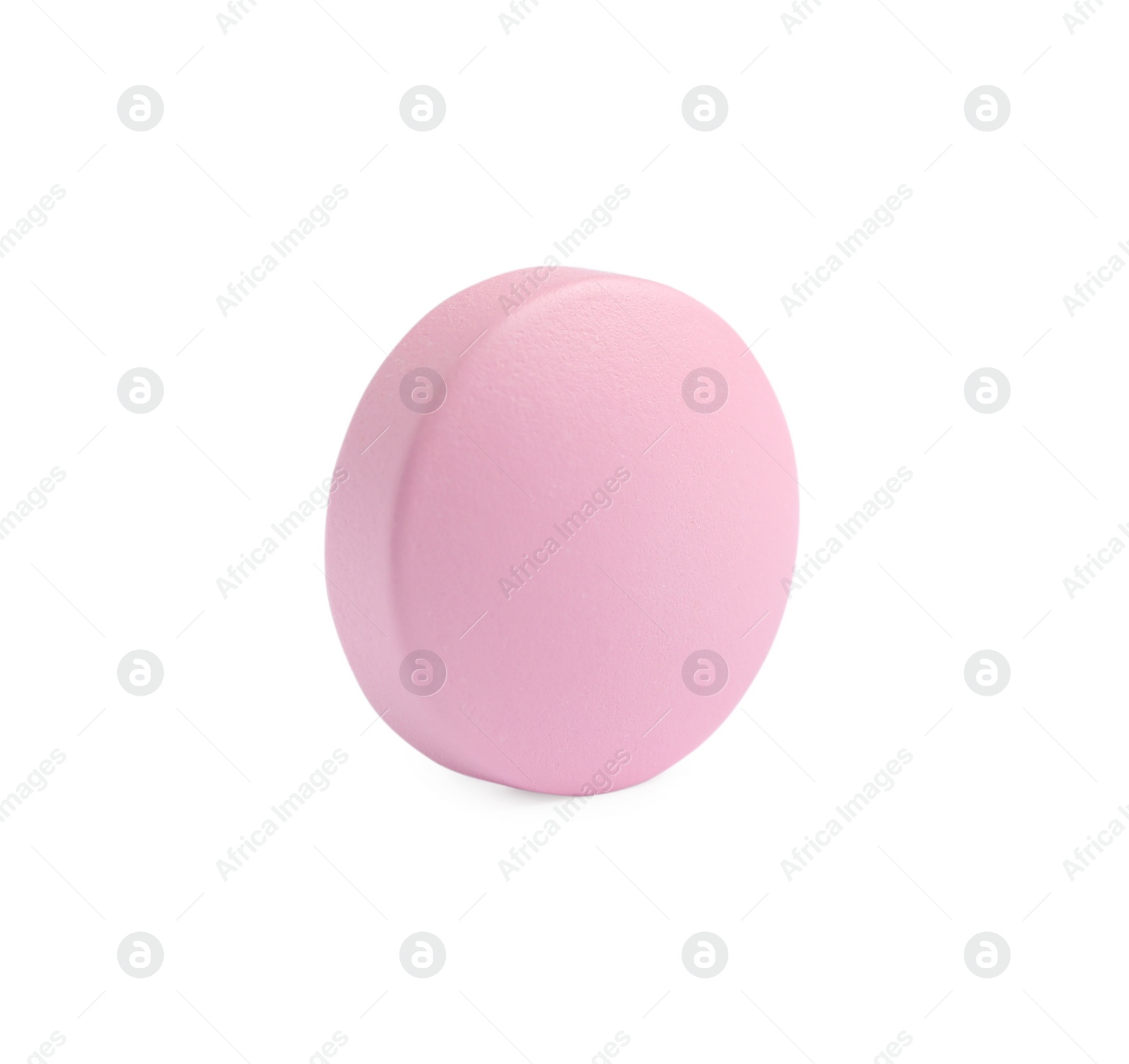 Photo of One pink pill on white background. Medicinal treatment