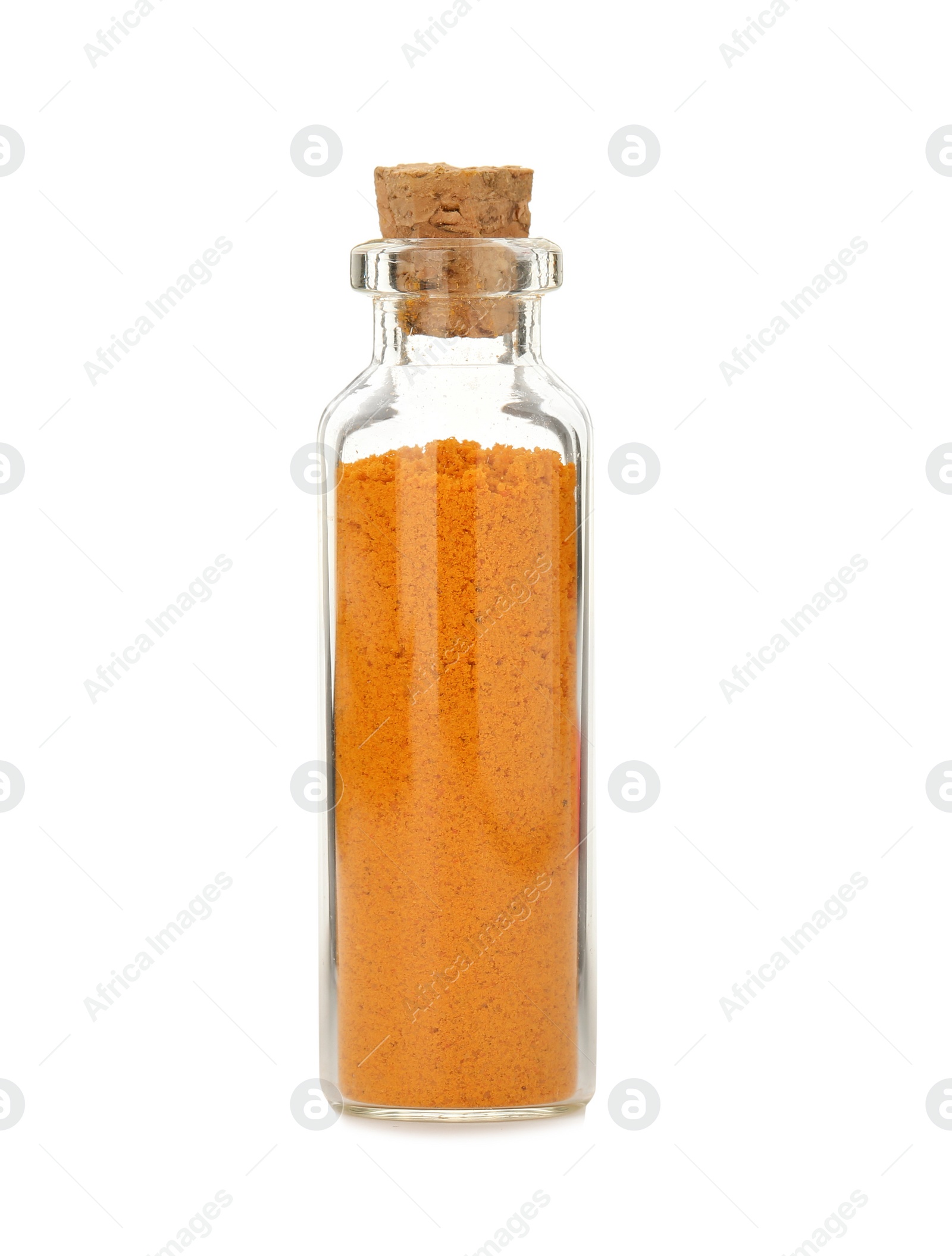 Photo of Glass bottle with spice on white background