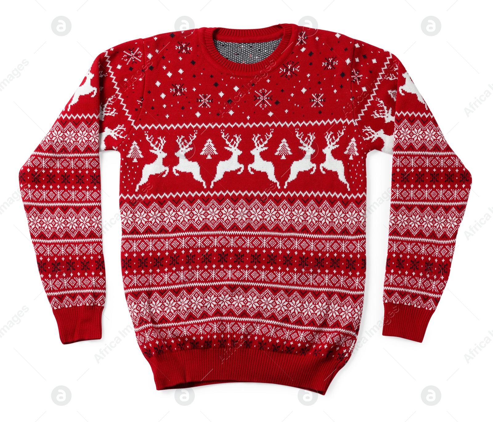 Photo of Red Christmas sweater with reindeer ornament isolated on white, top view
