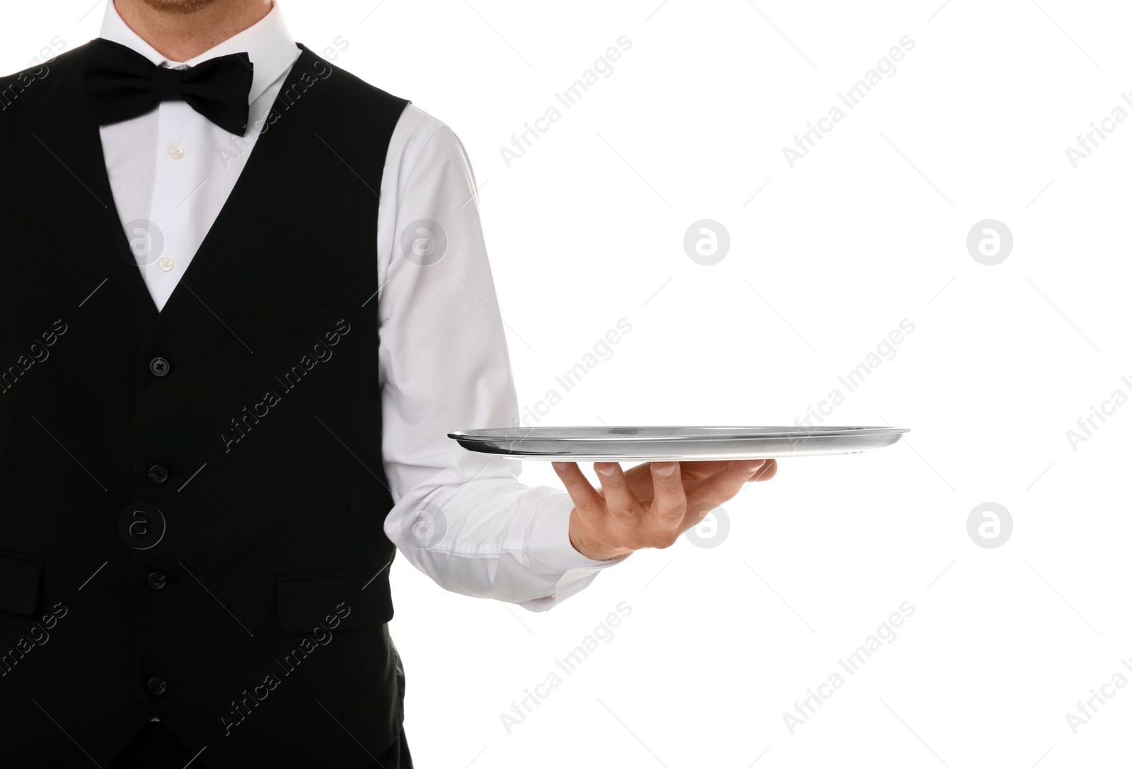 Photo of Waiter holding metal tray on white background, closeup