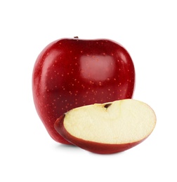 Image of Cut and whole red apples on white background