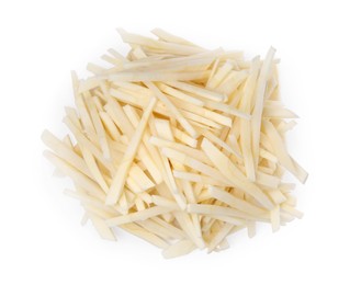 Photo of Pile of cut fresh parsnip on white background, top view