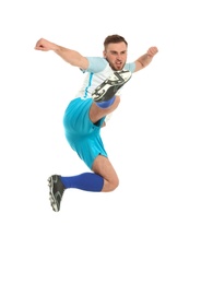 Photo of Young man playing football on white background