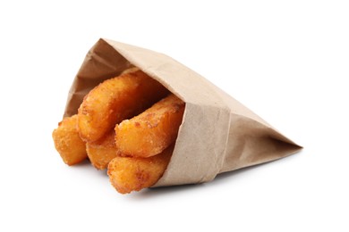 Photo of Paper bag with tasty fried mozzarella sticks isolated on white