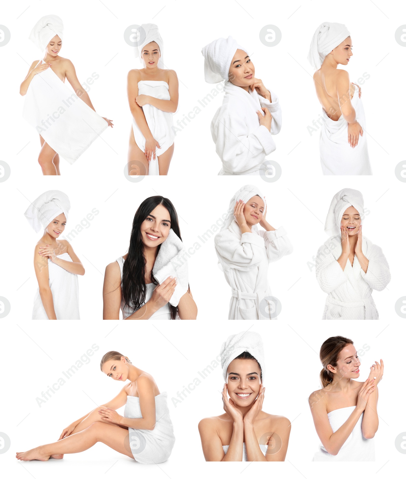 Image of Beautiful women with towels on white background, collage