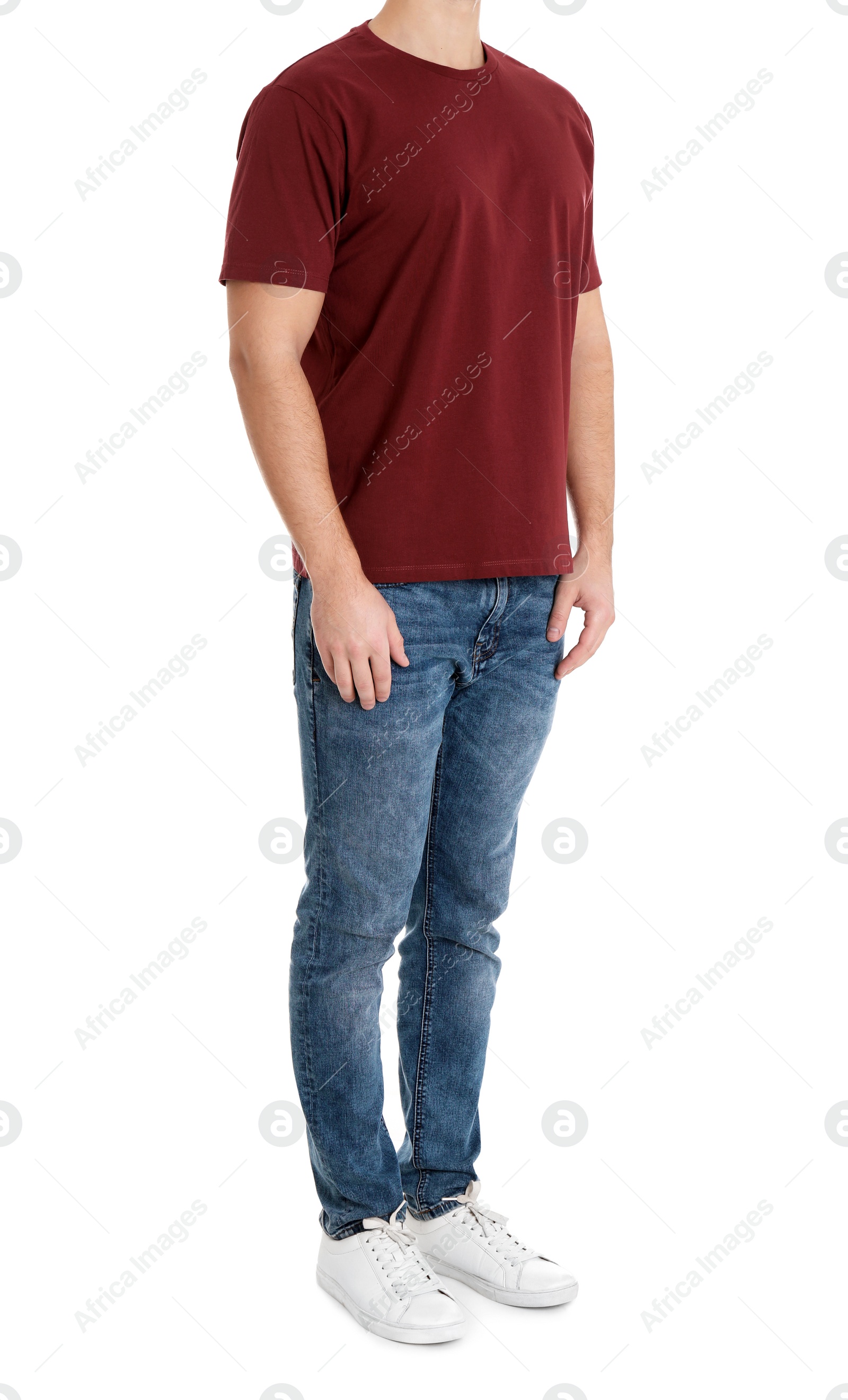 Photo of Young man on white background, closeup. Weight loss