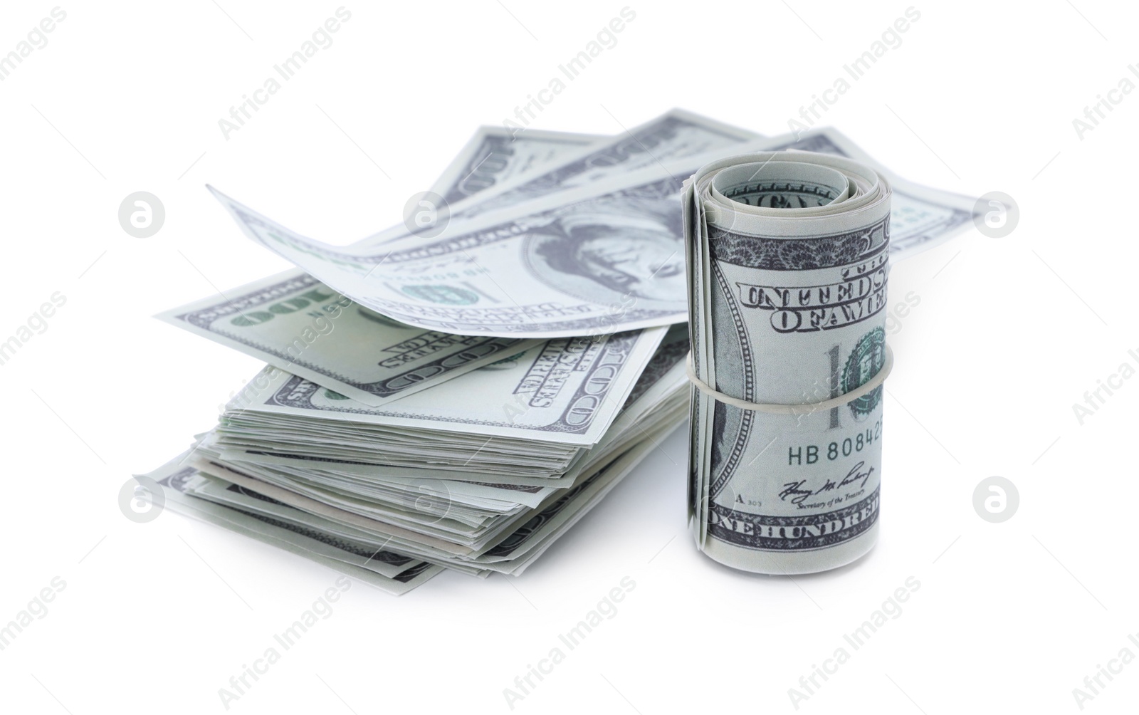 Photo of Many dollar banknotes on white background. American national currency