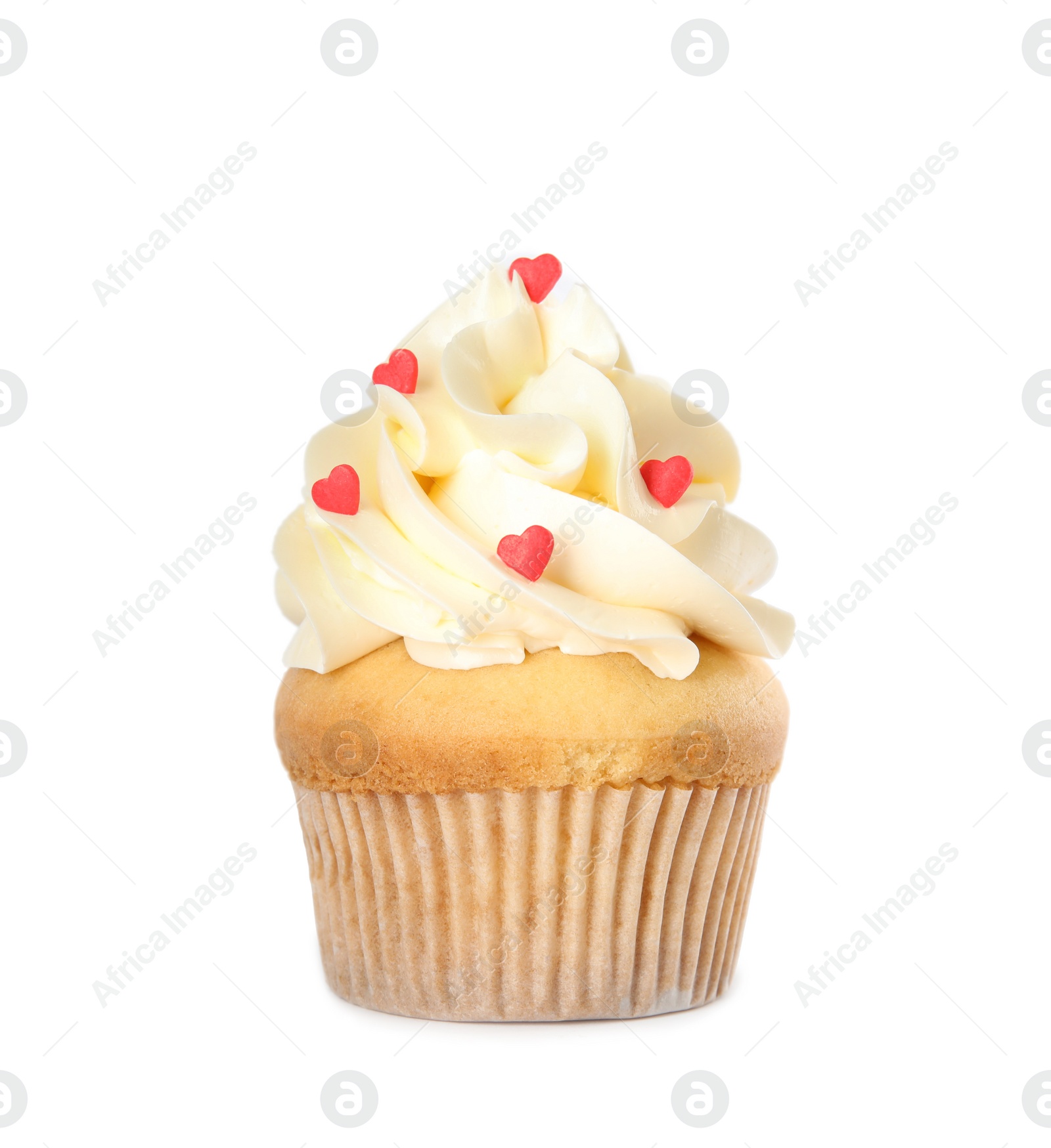 Photo of Tasty cupcake with heart shaped sprinkles for Valentine's Day isolated on white