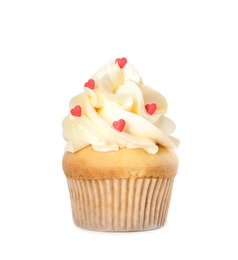 Tasty cupcake with heart shaped sprinkles for Valentine's Day isolated on white