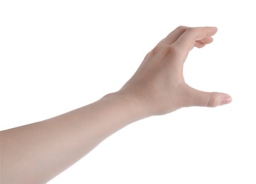 Photo of Woman against white background, closeup of hand