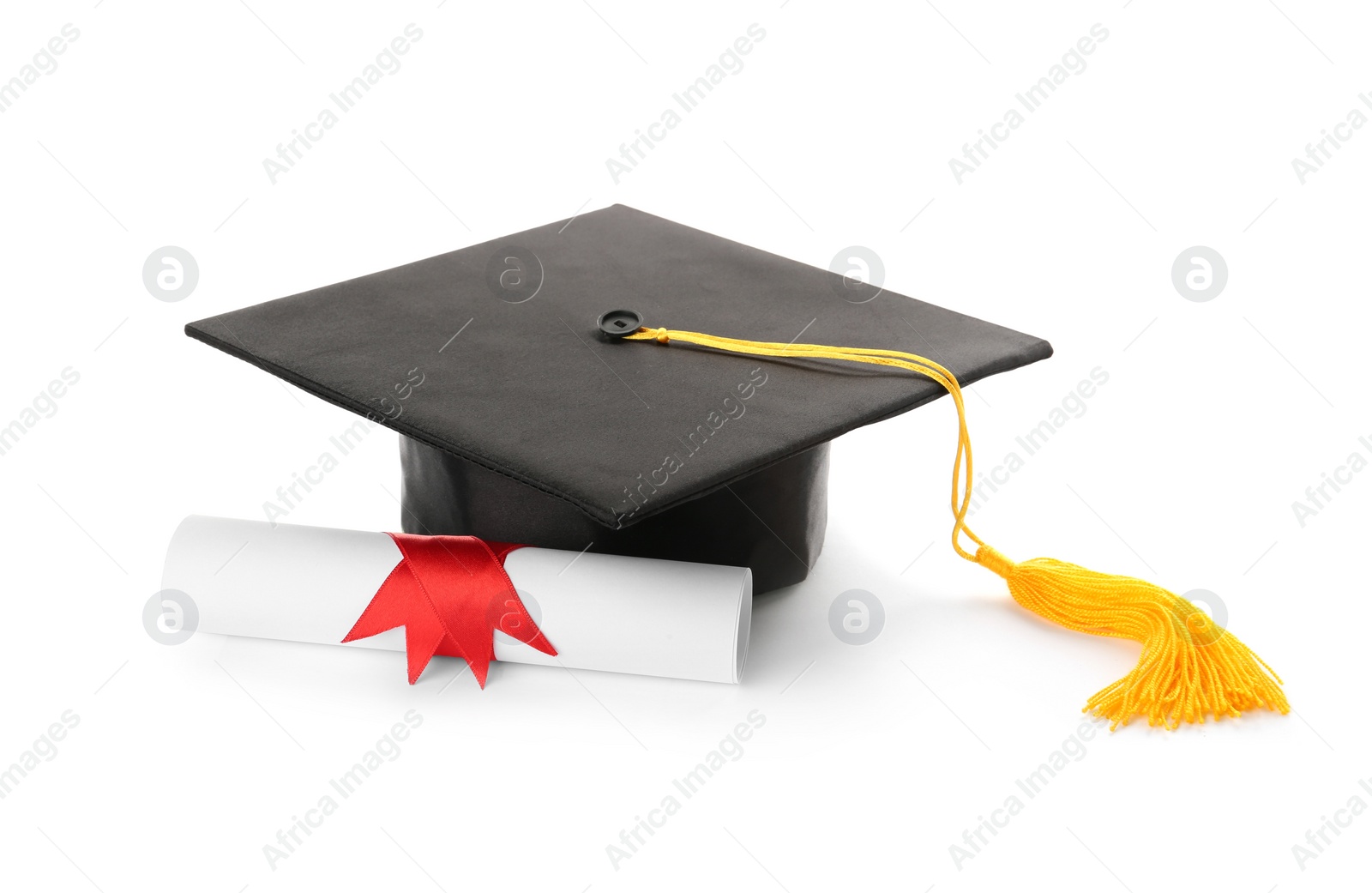 Photo of Graduation hat and diploma on white background