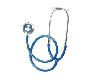 Photo of Stethoscope on white background, top view. Medical object