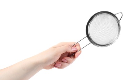 Woman with metal sieve on white background, closeup