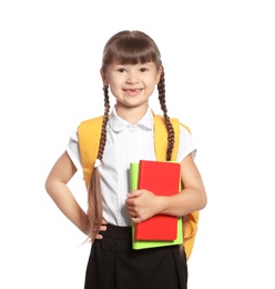 Cute girl with school stationery on white background