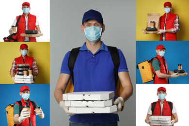 Image of Collage with photos of courier in protective mask holding orders on color backgrounds. Delivery service during coronavirus quarantine