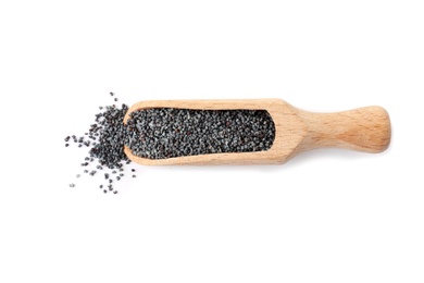 Poppy seeds and wooden scoop on white background, top view