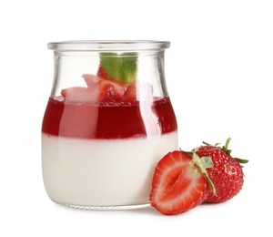 Photo of Delicious panna cotta with strawberry coulis and fresh berries on white background