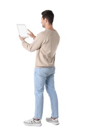 Photo of Man using tablet with blank screen on white background