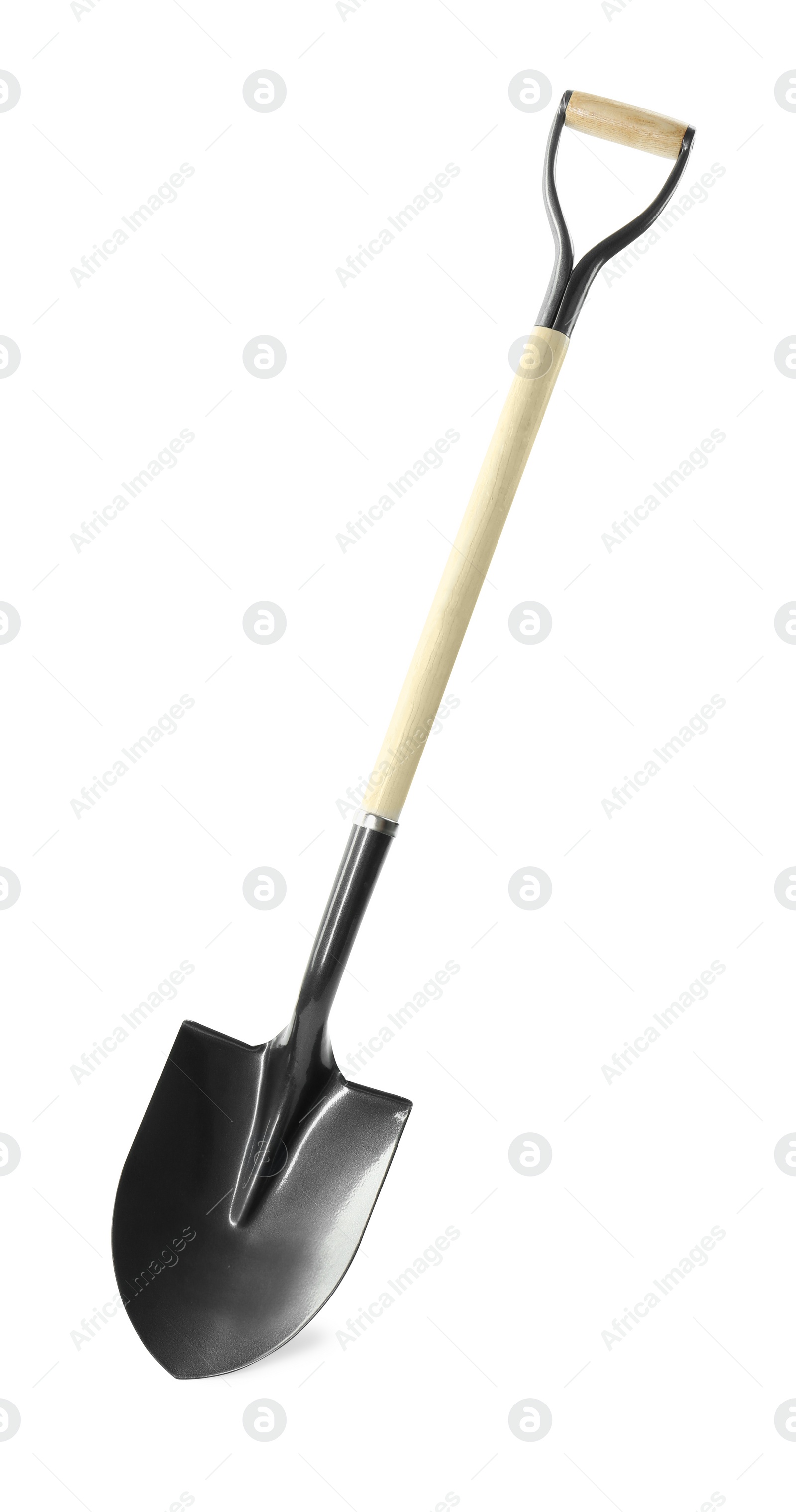 One new shovel with wooden handle isolated on white. Gardening tool Photo of One new shovel with wooden handle isolated on white. Gardening tool