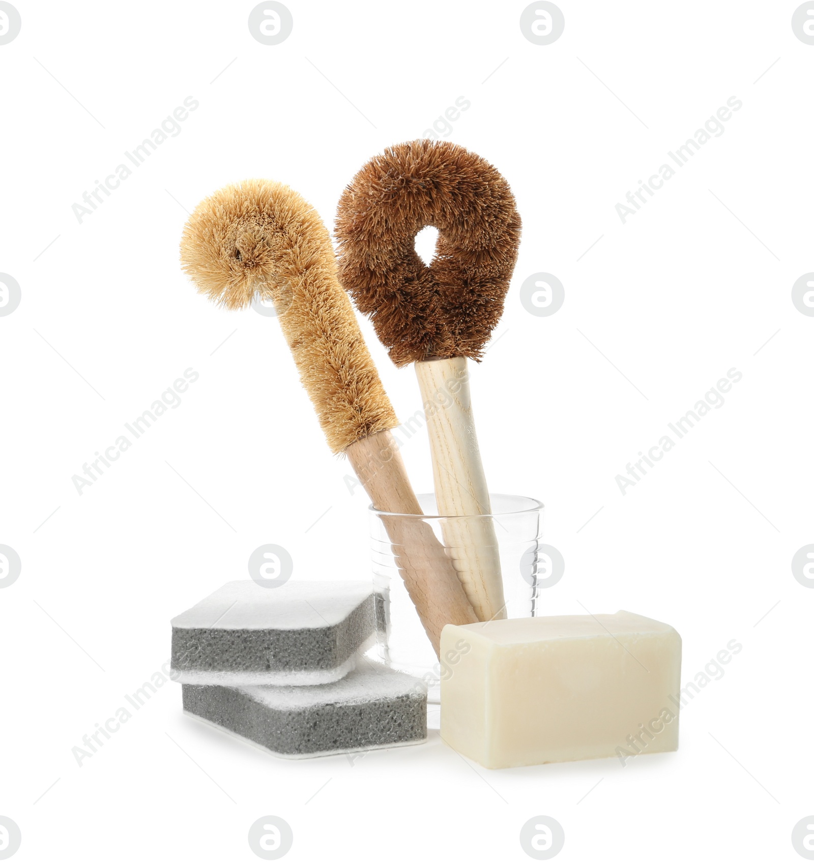 Photo of Cleaning supplies for dish washing on white background