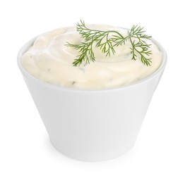 Photo of Tasty sauce with garlic and dill isolated on white