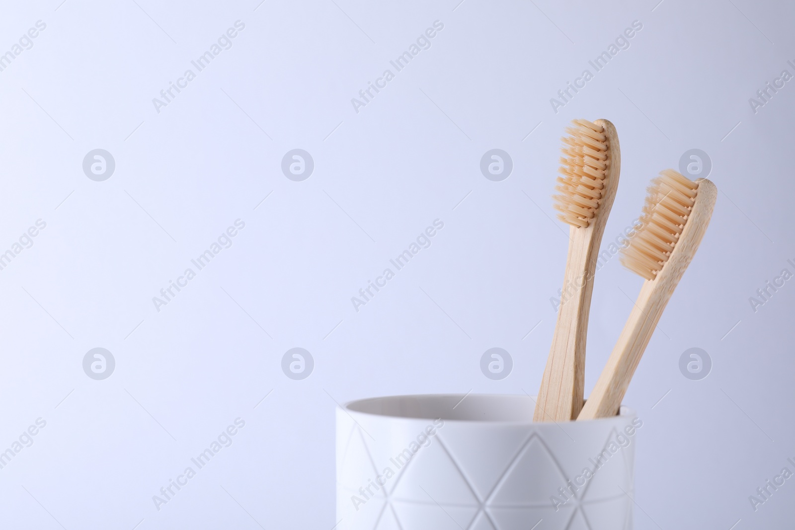 Photo of Bamboo toothbrushes in holder on white background, space for text