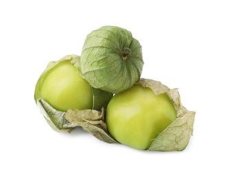 Photo of Fresh green tomatillos with husk isolated on white