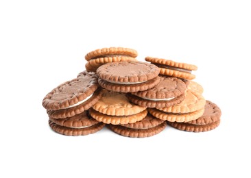 Photo of Different tasty sandwich cookies on white background