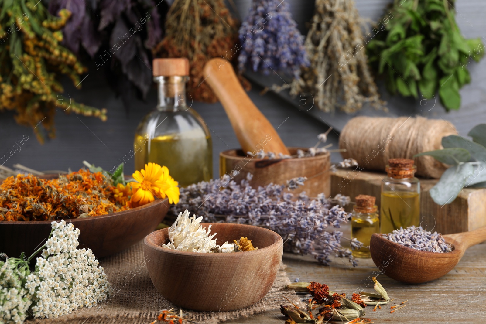 Photo of Many different dry herbs on wooden table