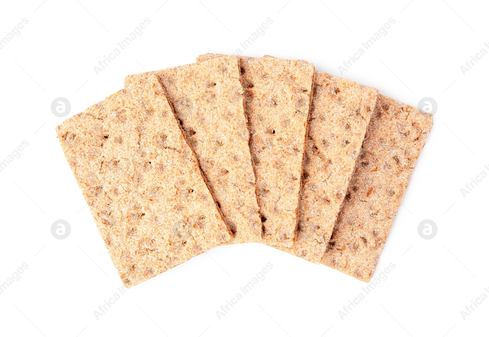 Photo of Fresh crunchy crispbreads on white background, top view