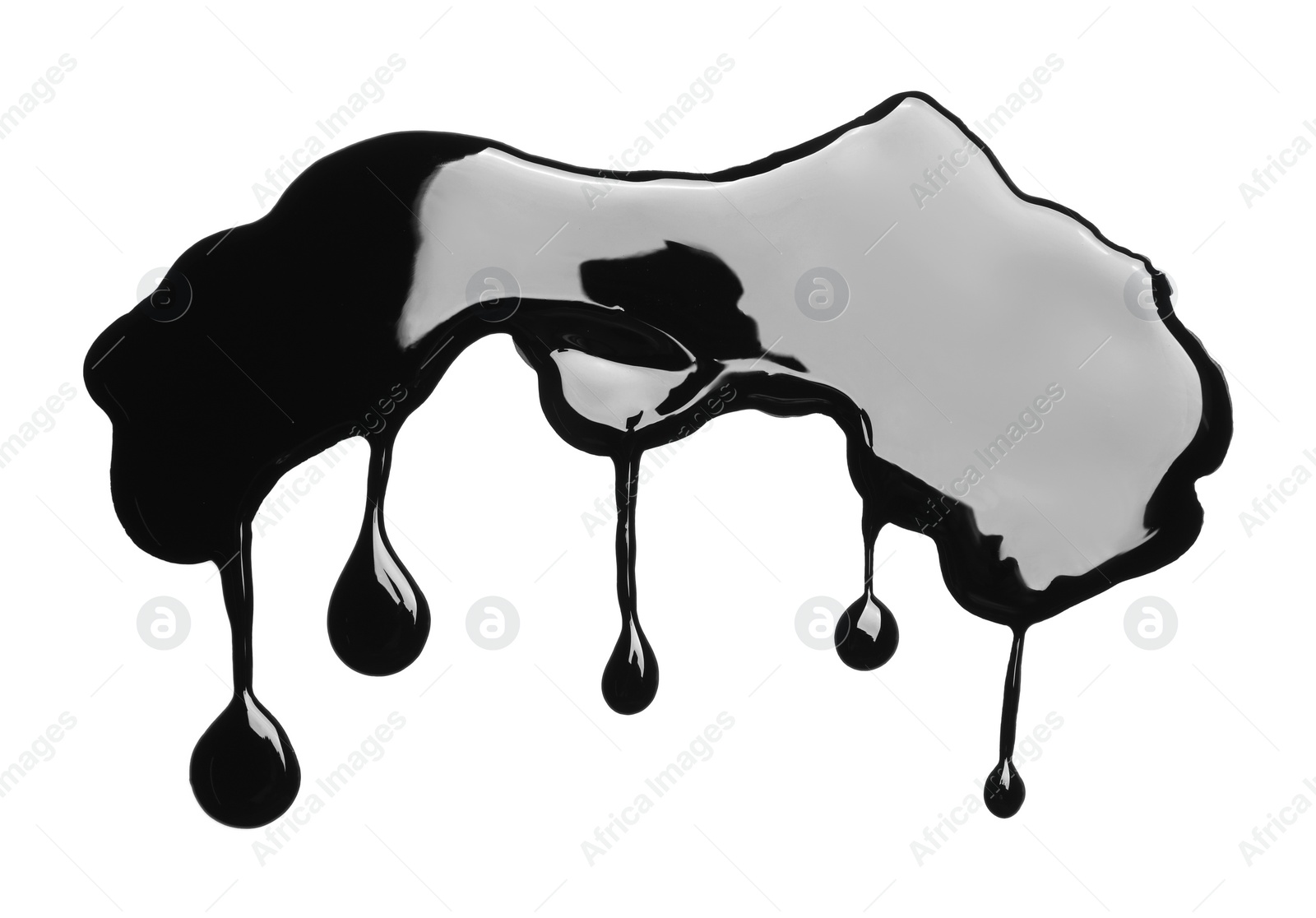 Photo of Black glossy paint spilled on white background, top view