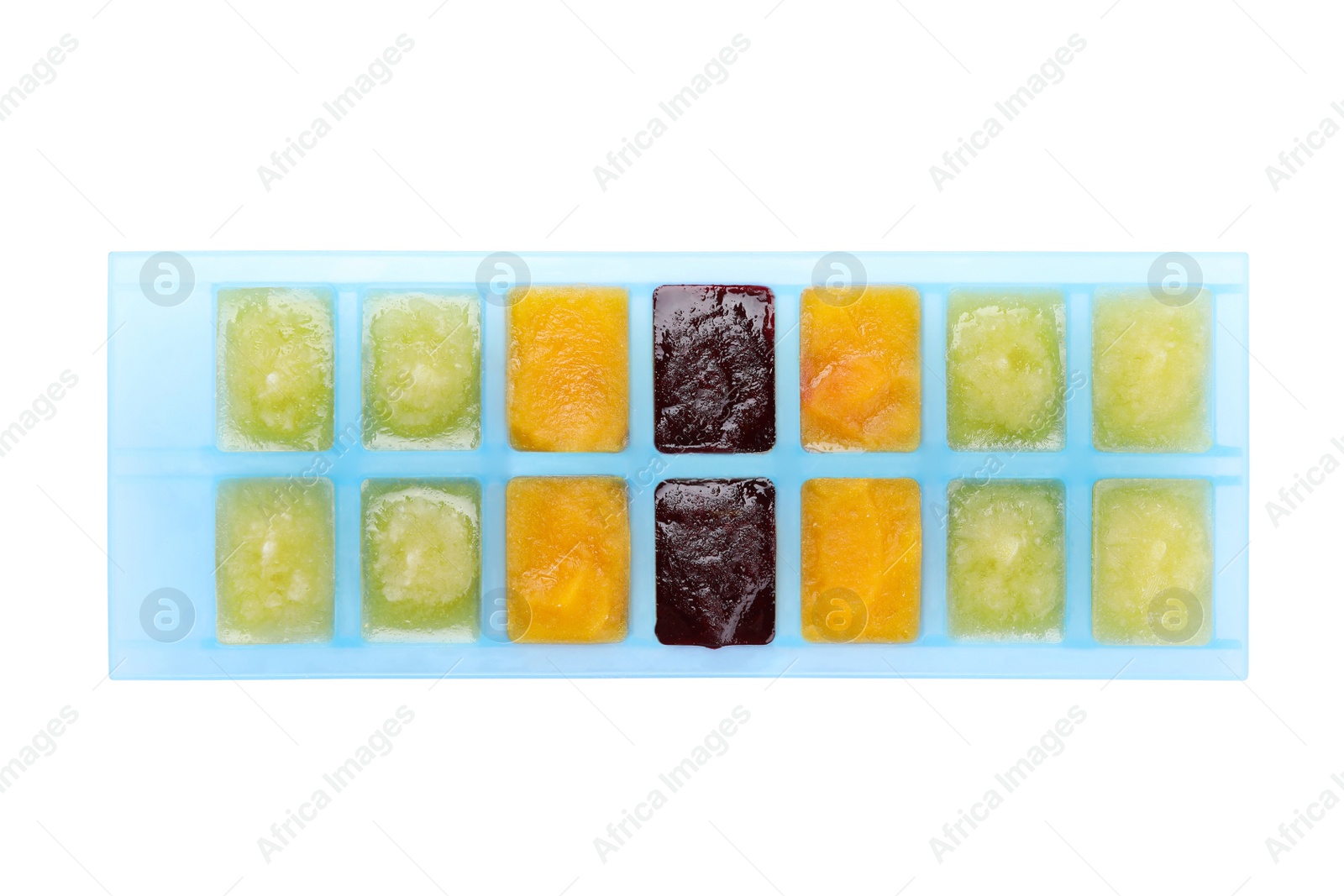 Photo of Different purees in ice cube tray isolated on white, top view. Ready for freezing