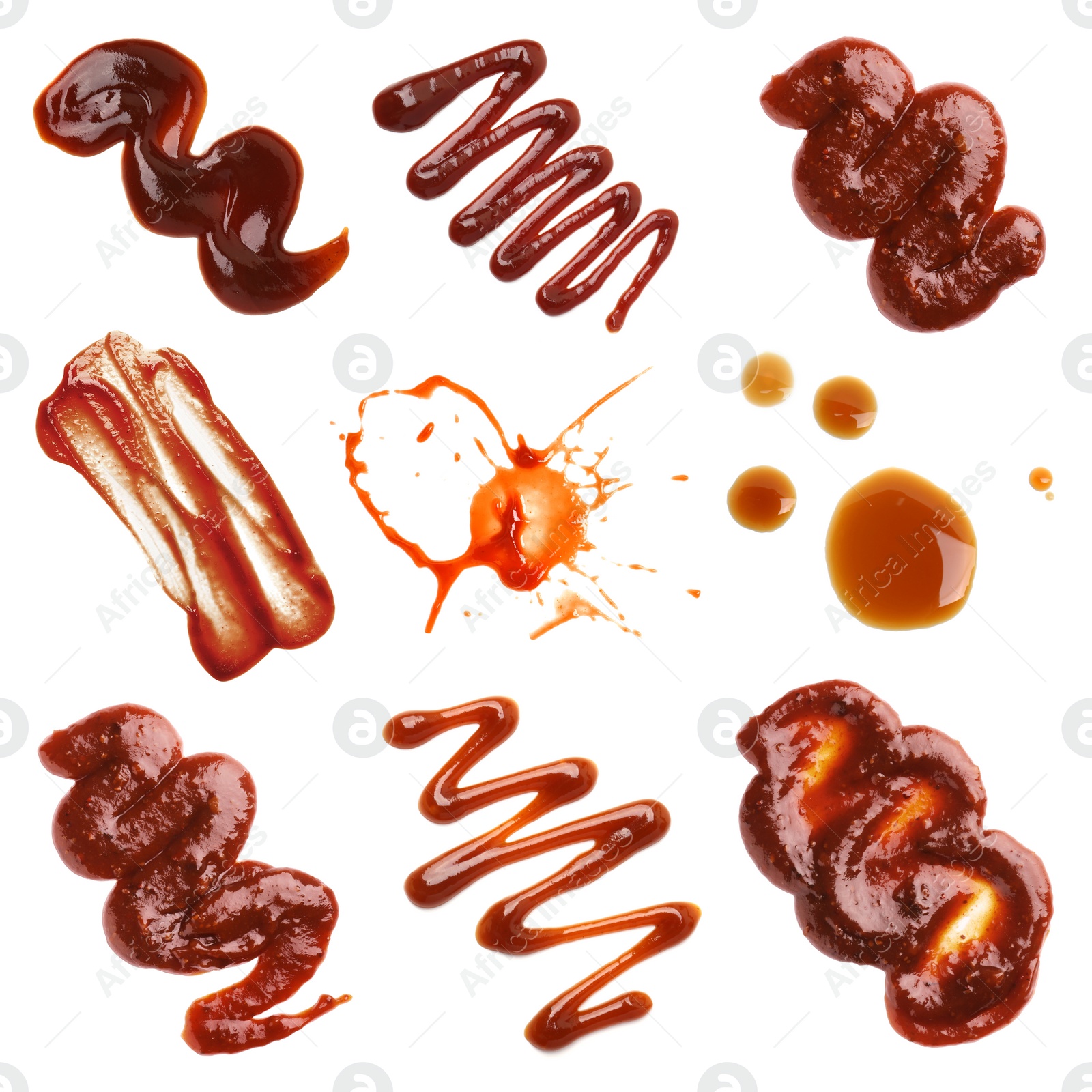 Image of Set of different sauces isolated on white, top view