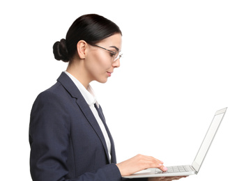 Photo of Young businesswoman with laptop on white background