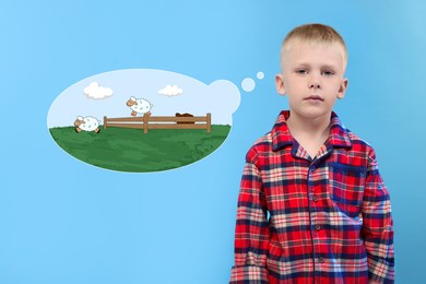 Image of Boy suffering from insomnia on light blue background. Thought cloud with illustrations of sheep jumping over fence