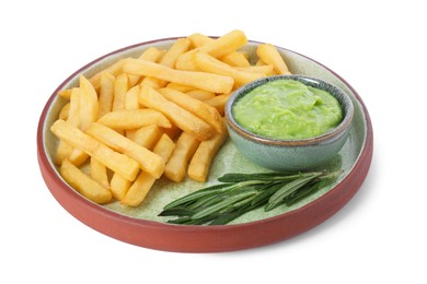 Plate with delicious french fries, avocado dip and rosemary isolated on white