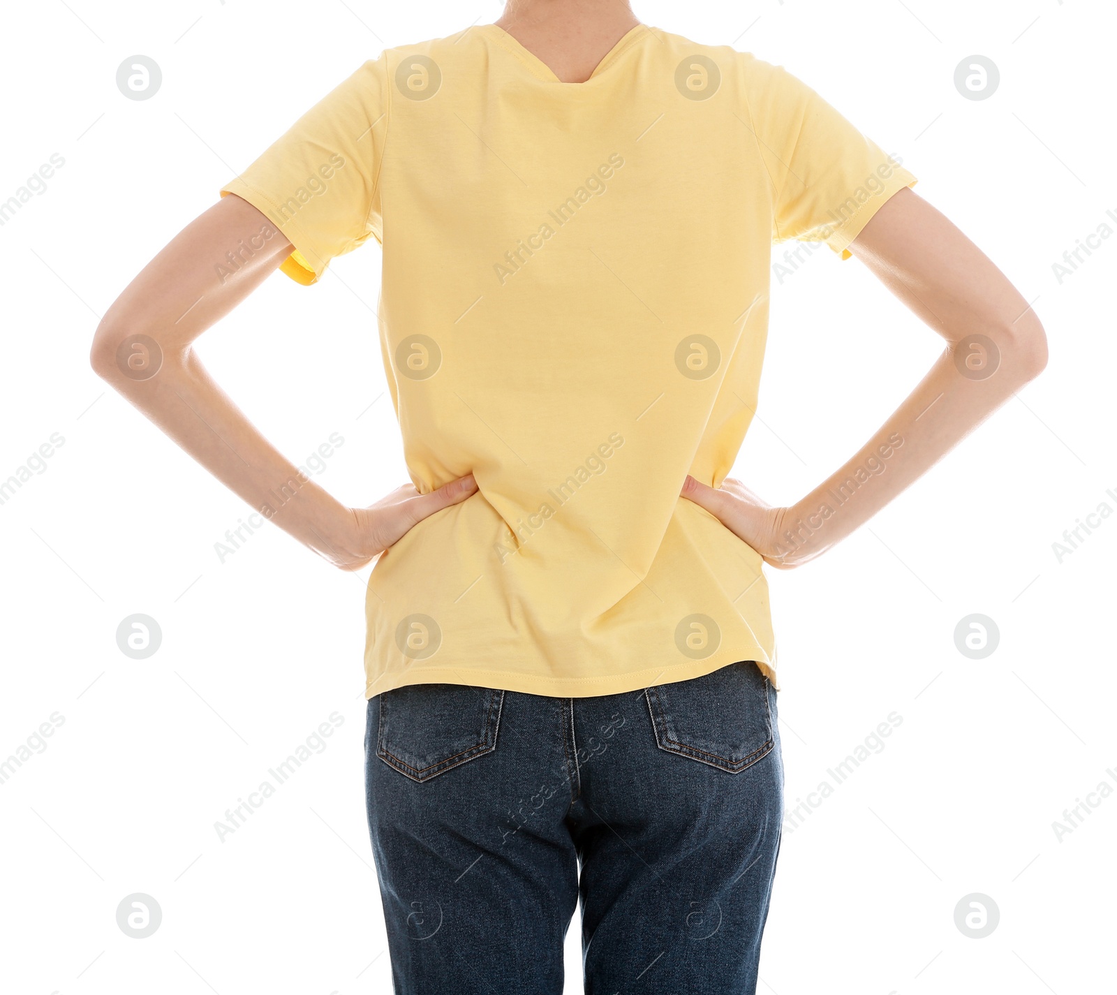 Photo of Young slim woman on white background, closeup. Weight loss