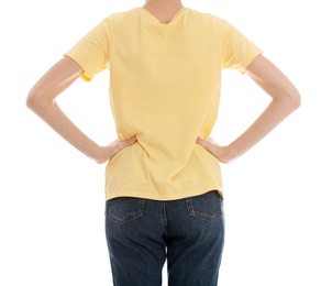 Young slim woman on white background, closeup. Weight loss