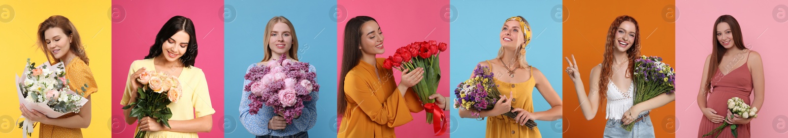 Image of Charming ladies with beautiful flowers on different colors backgrounds, collage. 8 March - Happy Women's Day