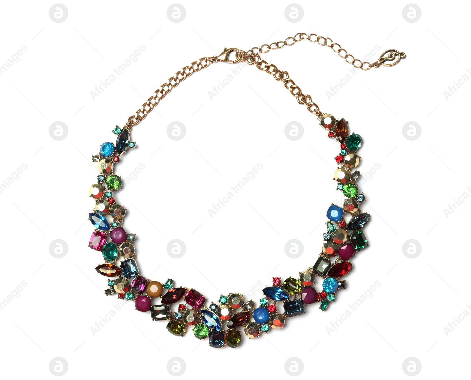 Photo of Stylish necklace with gemstones isolated on white, top view. Luxury jewelry