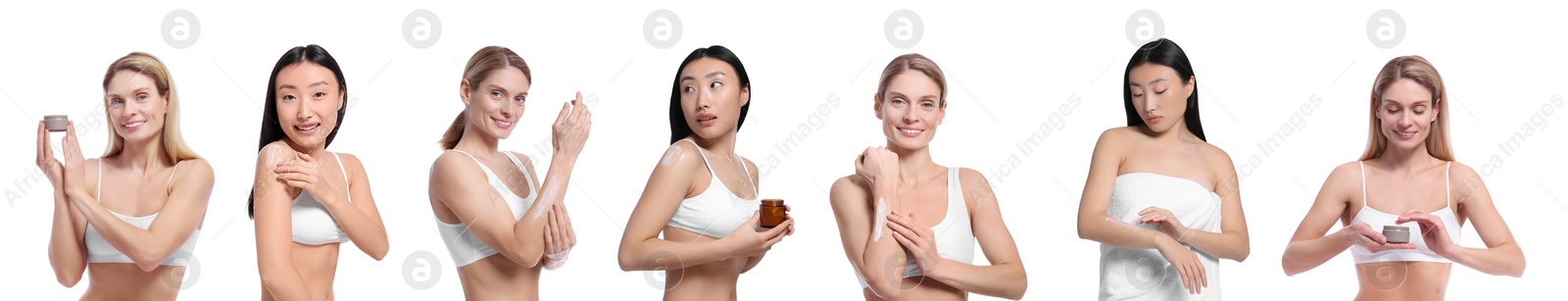 Image of Collage with photos of women applying body cream on white background. Banner design