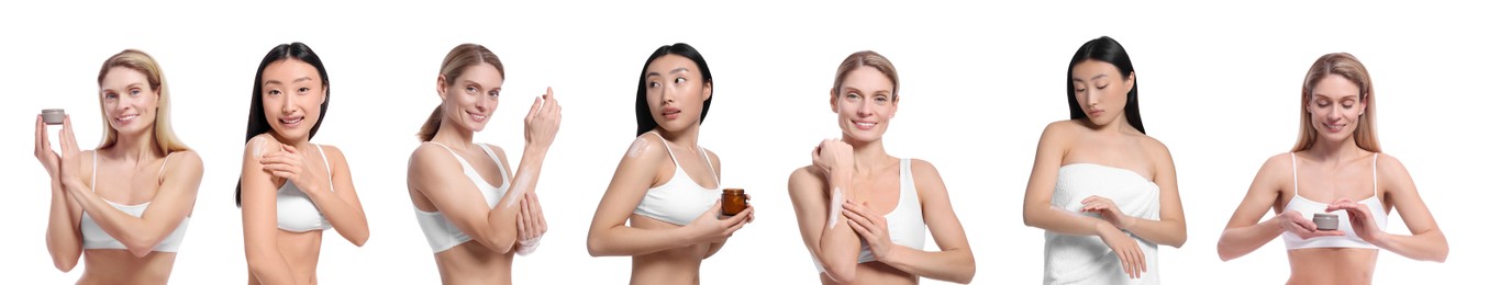 Image of Collage with photos of women applying body cream on white background. Banner design