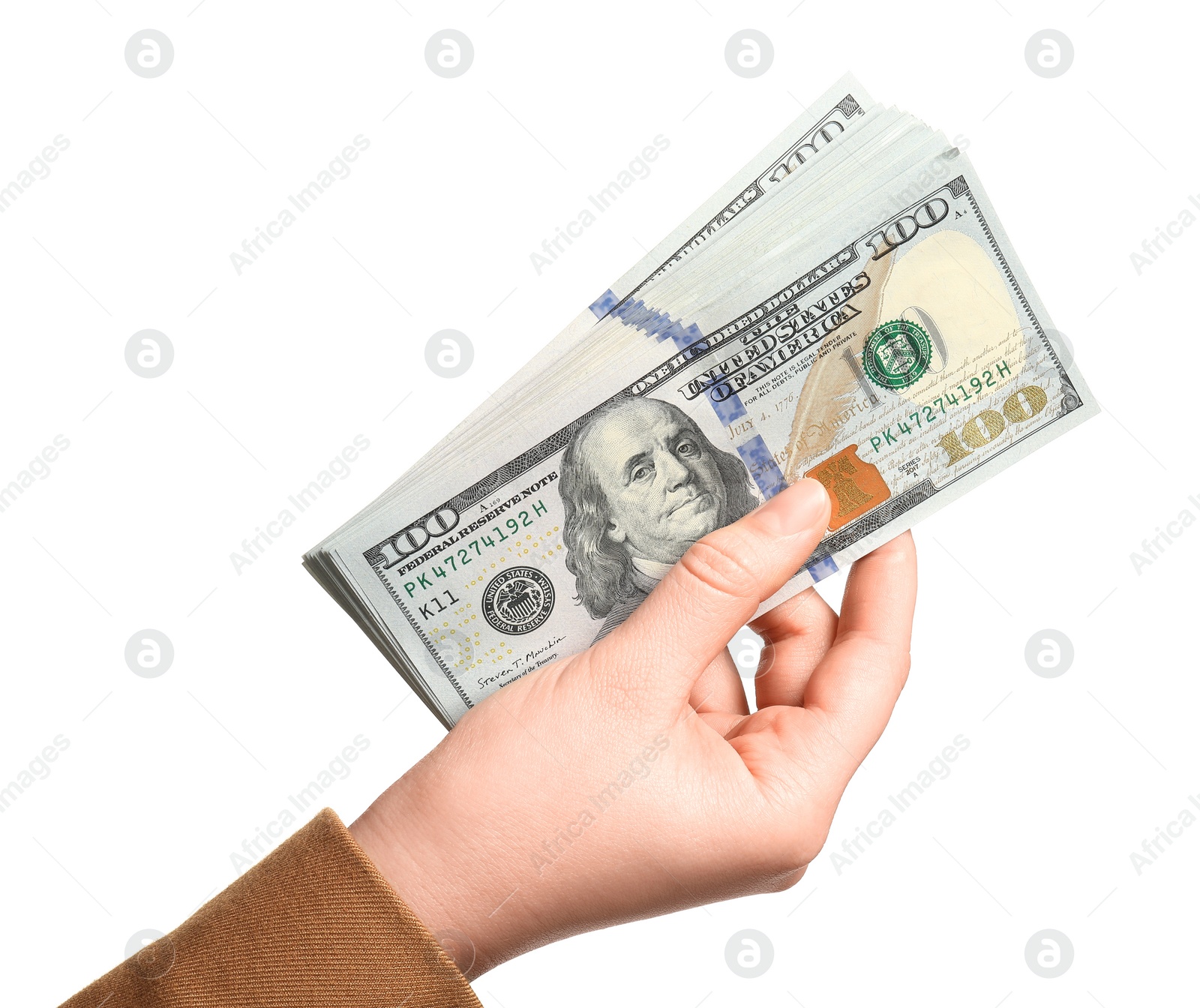 Photo of Money exchange. Woman holding dollar banknotes on white background, closeup