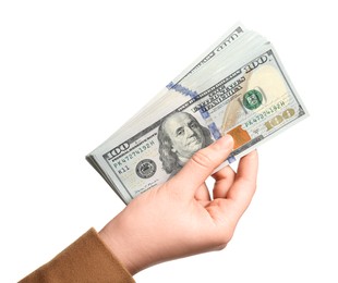 Photo of Money exchange. Woman holding dollar banknotes on white background, closeup