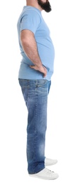 Overweight man isolated on white, closeup. Weight loss