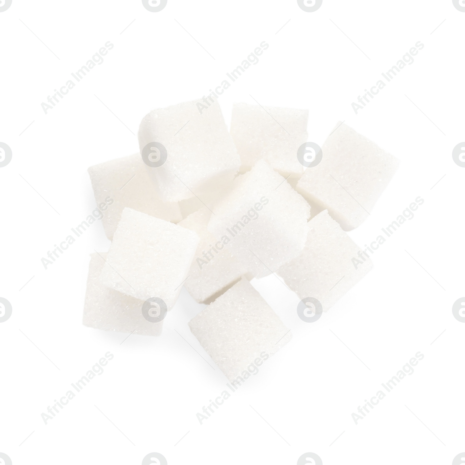 Photo of Pile of sugar cubes isolated on white, top view