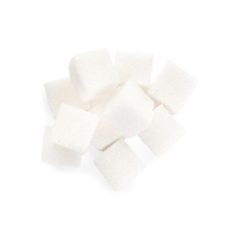 Pile of sugar cubes isolated on white, top view