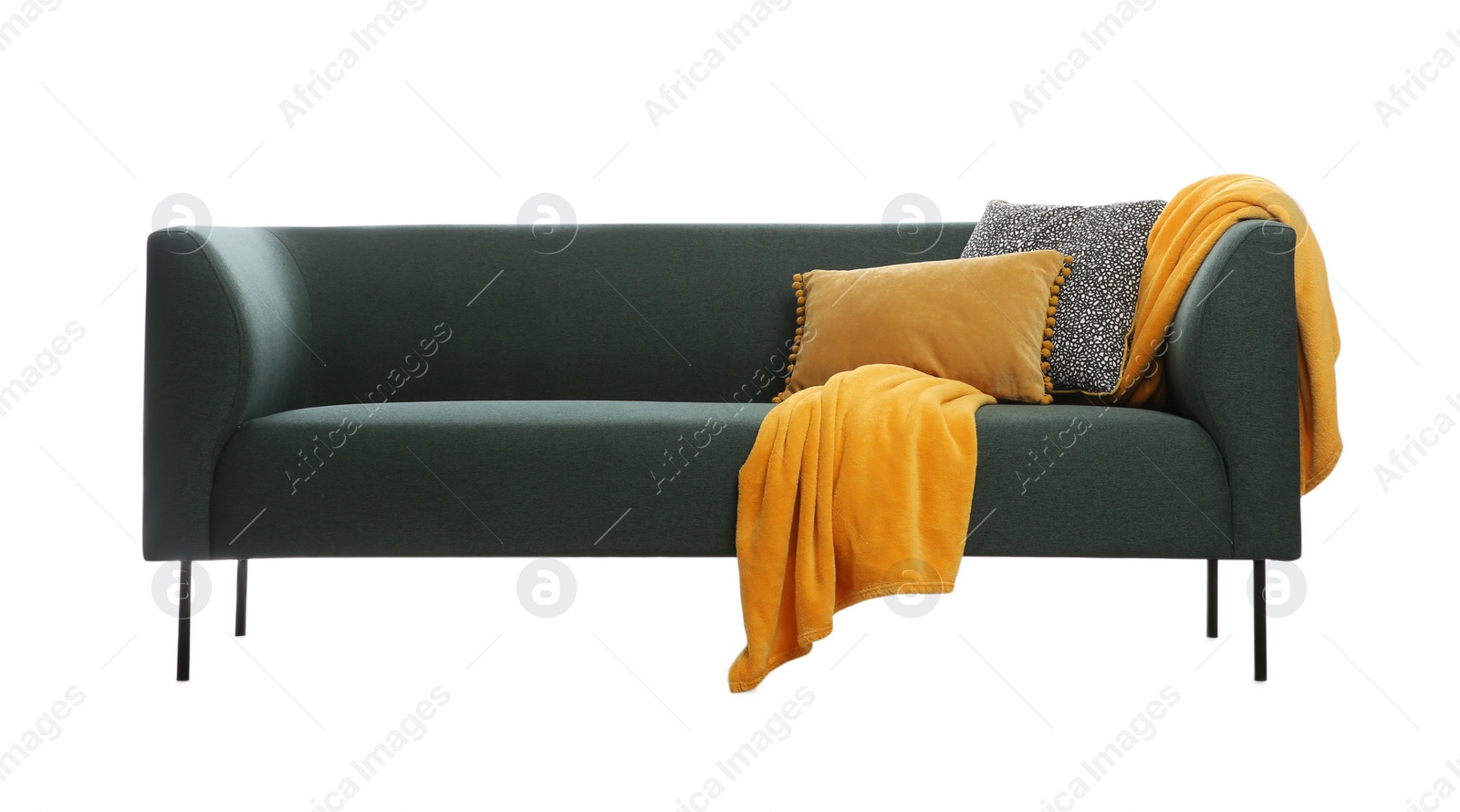 Photo of Comfortable green sofa with cushions and blanket on white background. Furniture for living room interior