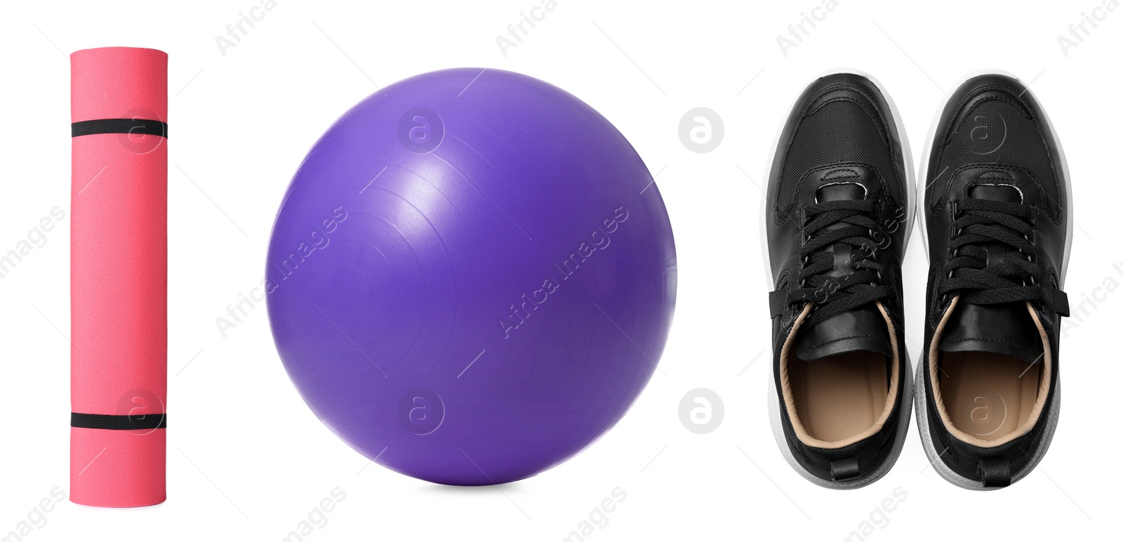 Image of Set with different fitness equipment on white background. Banner design